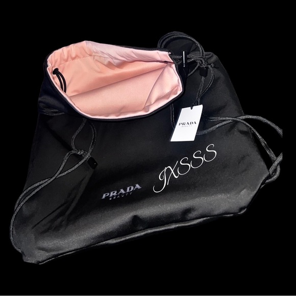 Baby-Pink/Black Reversible Prada Beauty (Satin-Lined) Drawstring Backpack - Picture 11 of 16